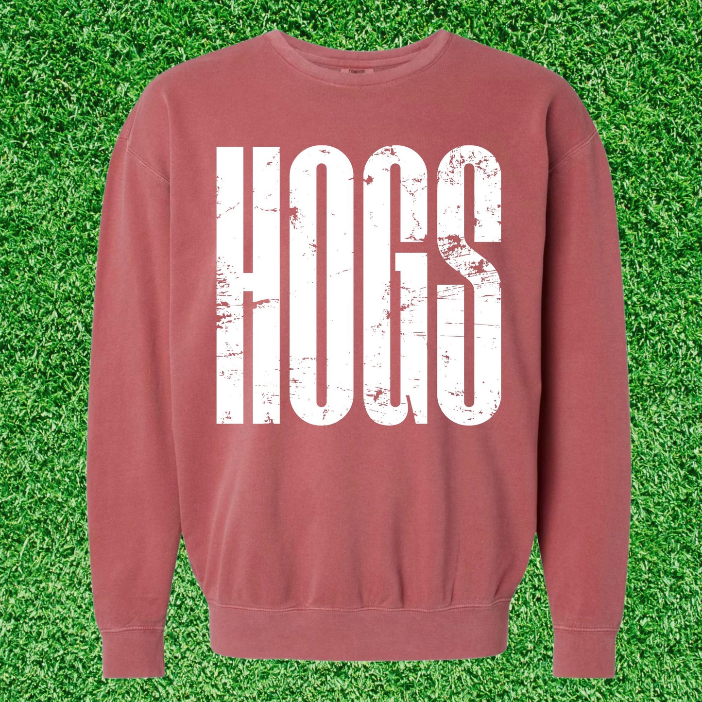 White Distressed HOGS on Crimson Sweatshirt