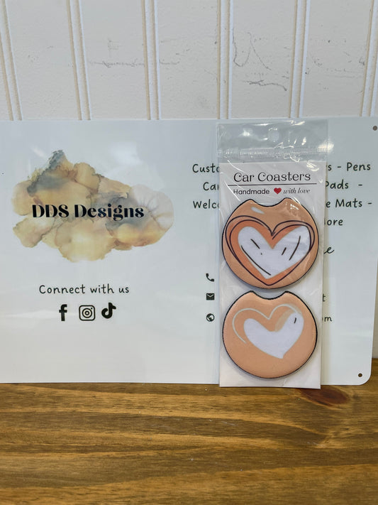 Peach and White Hearts Neoprene Car Coasters (Set of 2) (RTS)