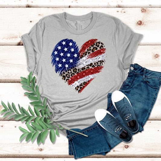 Faux Glitter American Flag Leopard Heart Shirt