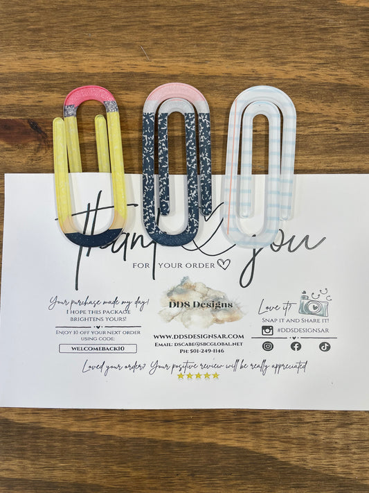Set of 3 Jumbo Paper Clip/Bookmark (Yellow Pencil/Composition Pencil/Notebook Paper)