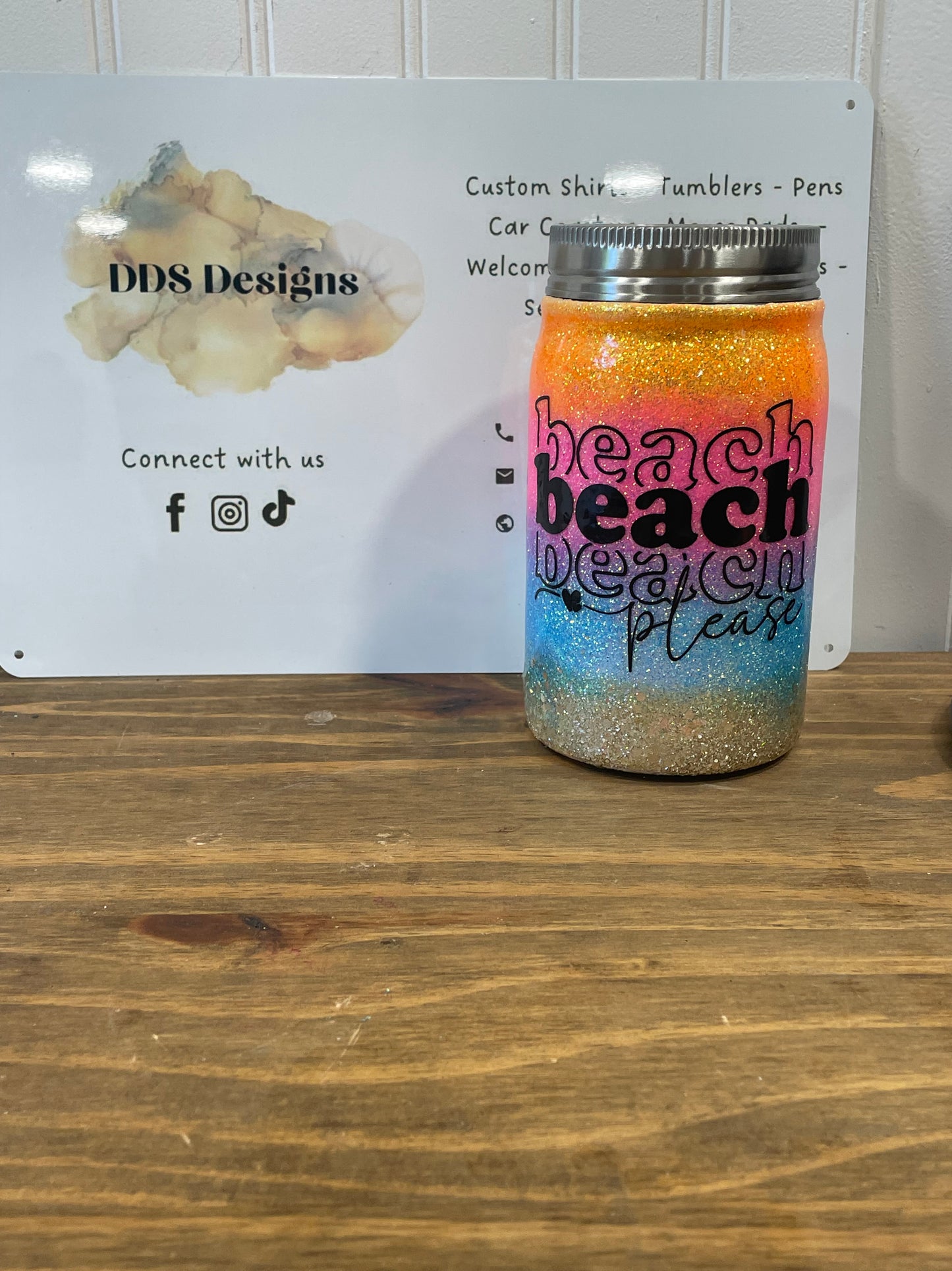 Stainless Steel Mason Jar Beach Please Glitter Tumbler (Ready to Ship)