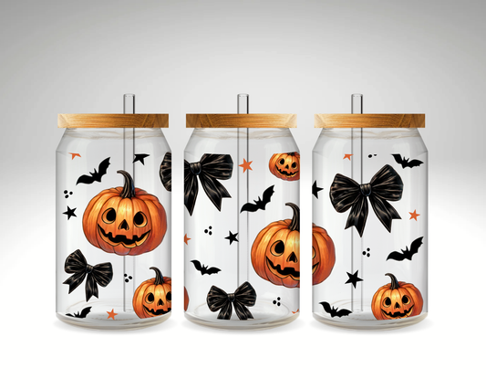 Coquette Bows and Pumpkins 16 oz Glass Can (RTS)
