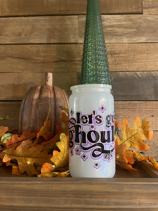 Ready to Ship Let’s Go Ghouls Shimmering Glass Can w/straw