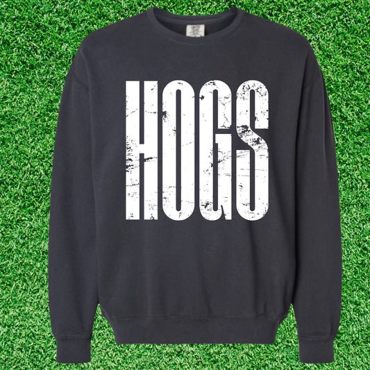 White Distressed HOGS on Black Sweatshirt