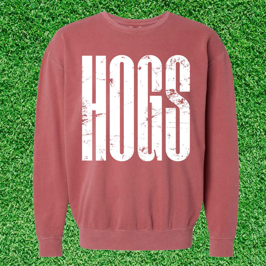 White Distressed HOGS on Crimson Sweatshirt