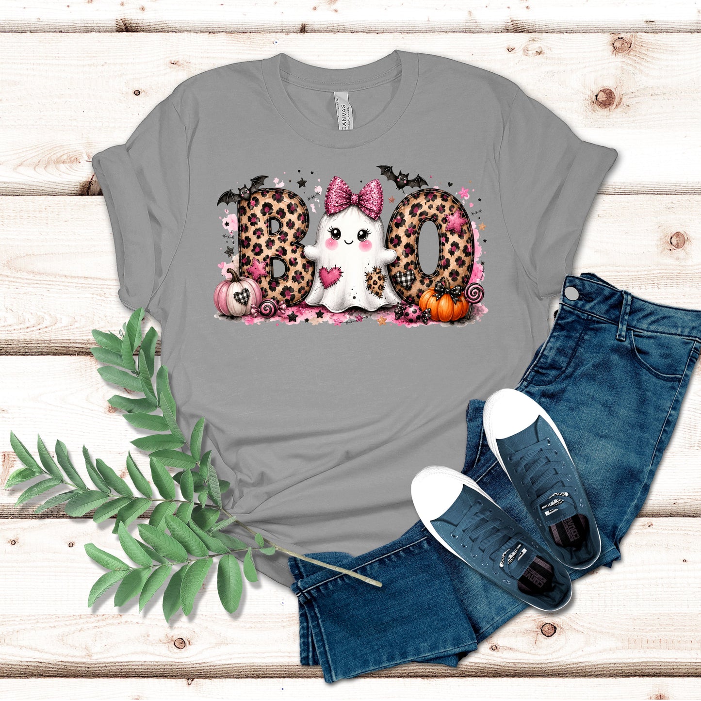 Pink and Leopard Ghost Boo Halloween Shirt