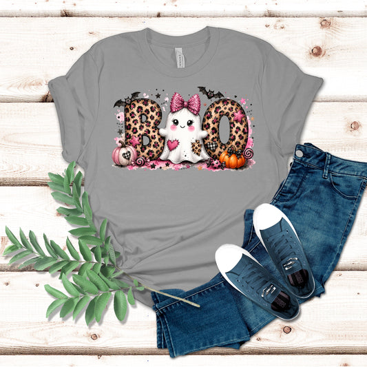 Pink and Leopard Ghost Boo Halloween Shirt